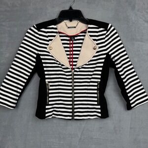 White House Black Market Striped‎ Moto Jacket Black White Beige Zip Biker Womens